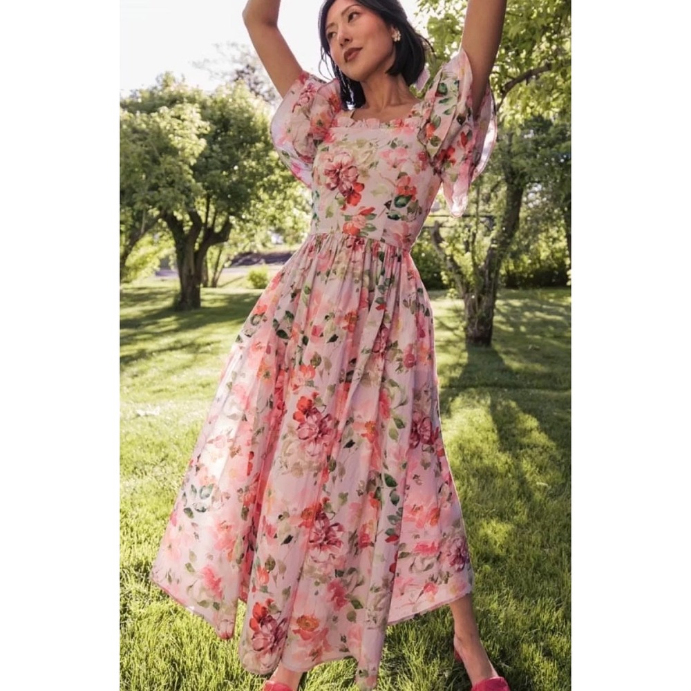 JessaKae Floral Ruffle Sleeve Midi Dress Pink Watercolor Square Neck XXS - Picture 2 of 8